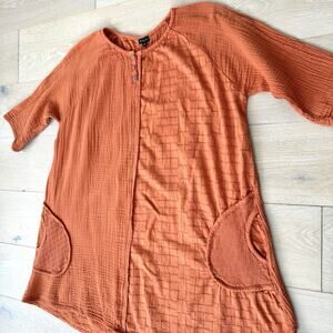 Clea Ray Orange textured Cotton Shirt Dress Pockets Lagenlook Sm Med